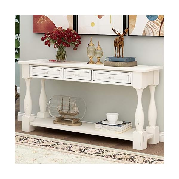 P PURLOVE Console Table for Entryway 64" Wood Sofa Table with Storage Drawers and Bottom Shelf for Hallway Living Room (Distressed White)