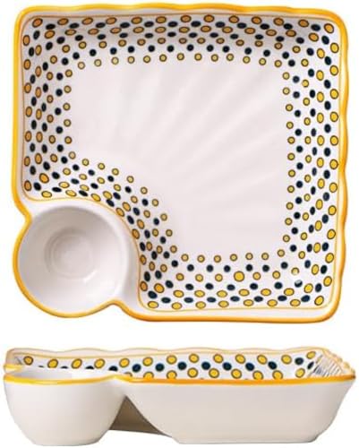 陶器餃子皿2枚セット、ディナープレート、分??割皿、餃子皿、陶器食器、レトロ仕切りディナー皿、餃子皿 釉裏リボン酢皿 (B)