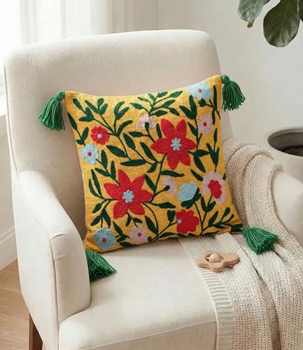Furnistitchs Handmade Boho Cushion Cover 16x16 Inches Embroidered Slub Cotton Pillow Case with Tassels Decorative Bohemian Throw Cushion for Sofa & Bedroom, 40x40 cm (2, Yellow Garden)