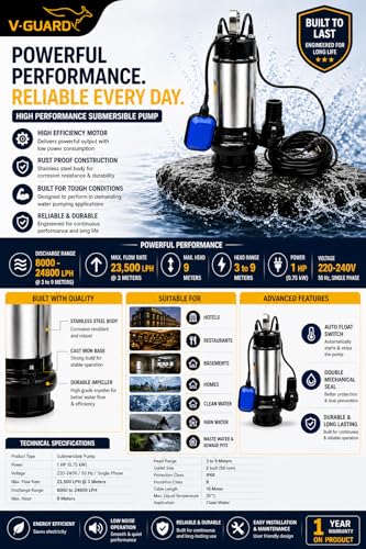 Image of V Guard Automatic, 1 Hp Single Phase, Electric Submersible Utility Drainage Water Pump(Multicolour), Corded Electric