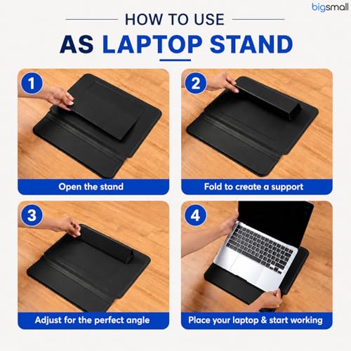 Image of Bigsmall Elevate Pro 14 Inch PU Leather Laptop Sleeve with Adjustable Stand, Compatible with MacBook Air /Pro 14 inch, iPad Pro 13 inch, Dell, HP, Lenovo, ASUS & Other 14-Inch Laptops, Magnetic Closure - Black