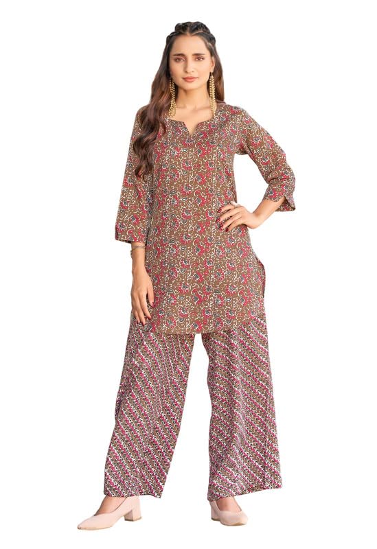 ODD BY chansi TRENDZ Women’s Traditional Brown Poly Cotton Co-Ord Set | V Neck 3/4 Sleeve Ethnic Co-Ord Set | Short Kurti with Palazoo for Casual