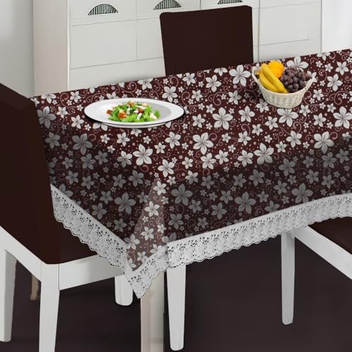 Image of The Furnishing Tree Waterproof PVC Rectangle Shaped 8 Seater Table Cover WxL 60x108 inches Floral Pattern Brown White with White Border lace