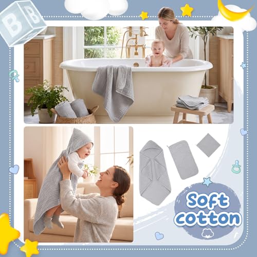 Image of Breling 12 Pcs Muslin Hooded Baby Bath Towel, Hand Towels and Washcloth Set, 36 inchx 36 inch Cotton Newborn Bath Towel Cotton Absorbent Blanket Unisex Newborn Gift Essentials for Girl Boy (Light Grey)