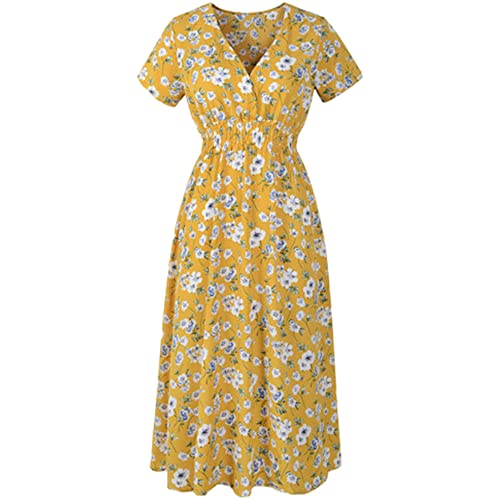 Vestido casual com cintura para o verão e chiffon floral, Amarelo, XXG