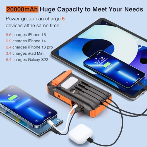 Image of Solar Power Bank 20000mAh Built in Hand Crank and 4 Cables,22.5W Fast Charge Power Bank Solar Portable Charger LEDs Flashlight,Fast Charging Battery Pack for Outdoor Camping Survival Gear
