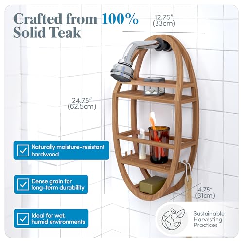 Image of AquaTeak Patented Moa Oval Teak Shower Organizer Premium Teak Oil