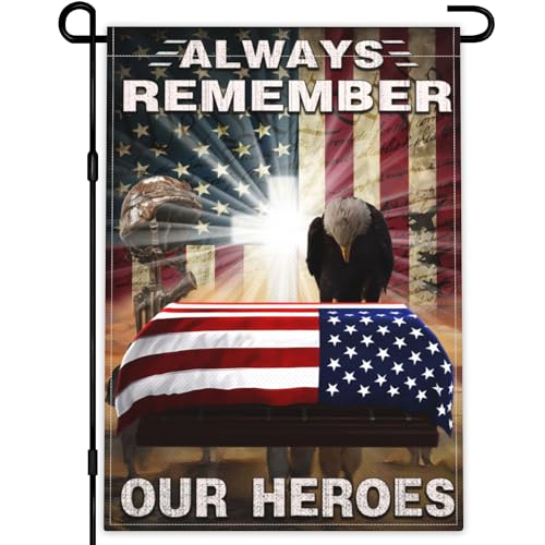 Always Remember Our Heroes Garden Flag 12×18 Inch Memorial Day Garden Flag 3ply Polyester Double Sided Print 4th of July Independence Day Veterans Day Garden Flags for House Indoor Yard Outdoor Holiday Patriotic Decor