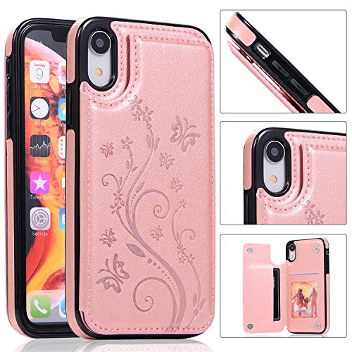 QFUN Back Wallet Case for iphone XR with Stand, Elegant Embossed Design [Butterfly Flower] Lightweight Slim Fit Leather Phone Case with Card Holder Protective Bumper Flip Cover - Rose Gold