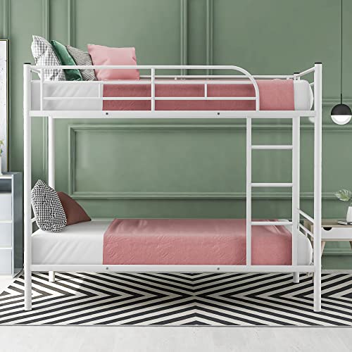 Merax Metal Bunk Bed Twin Size Double Bed Frame Converts to 2 Individual Twin Beds Space Saving Bed Frame with Removable Stairs and High Guardrail, No Boxing Spring Needed, White