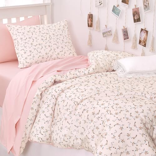 Image of Wake In Cloud - Floral Comforter Set, Coquette Cottagecore Aesthetic Cute Flower Pattern for Women Teen Girls, Soft Lightweight Dorm Bedding, 3 Pieces, Dusty Pink, Twin /Twin XL Size