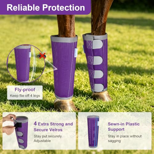 Image of Reflective Horse Fly Boots Set of 4, Loose Fitting Leggings for Horses, Equine Fly Leg Wraps Socks for 4 Legs, Breathable Adjustable and Universal Fit, Reliable Stay Put and on (Purple)