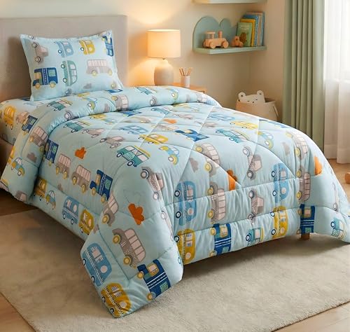 Image of VAS COLLECTIONS Single Bed Comforter Set 220 GSM Microfiber | Ultra Soft AC Comforter with Flat Bedsheet (60x90 Inches) & 1 Pillow Cover | 3 Pc Bedding Set (Bus Print) | 3 Pc Bedding Set