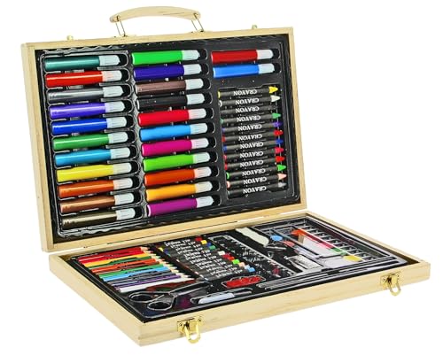 AKOR Mallette Dessin Peinture, Kit Complet d'Art avec Crayons, Marqueurs pastels, etc: boîte en Bois (Bois naturel)