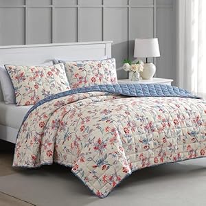MARTHA STEWART Full Queen Size Quilt Bedding Set 3 Piece Soft Washed Microfiber Printed Bedspread Reversible All Season 1 Quilt 2 Standard Pillow Shams White Blue Red Painted Floral Print