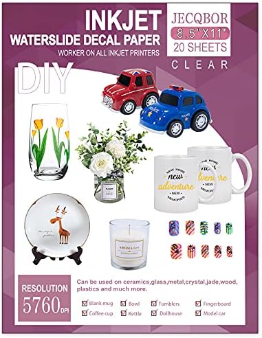20 Sheets Waterslide Decal Paper INKJET CLEAR,8.5X11 Inch Water Slide Transfer Paper Transparent Printable for Tumblers,Ceramics,Plastics,Glasses,DIY