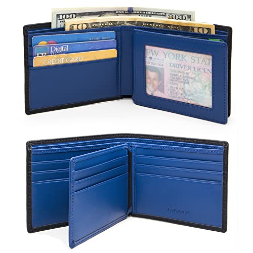 ANDOILT Slim Wallet for Men Genuine Leather RFID Blocking Bifold Ultra Strong Stitching Stylish Wallets with ID Window Black&blue2