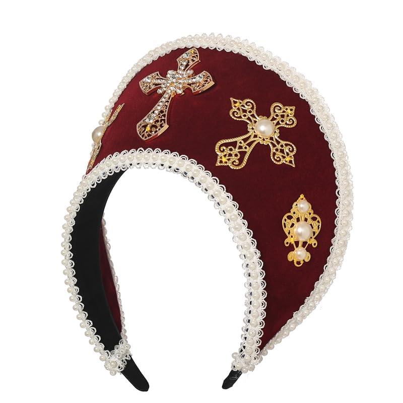 COSDREAMER Women Cross Tudor Renaissance Headdress Royal French Hood Coronet Headdress (red) - Image 2