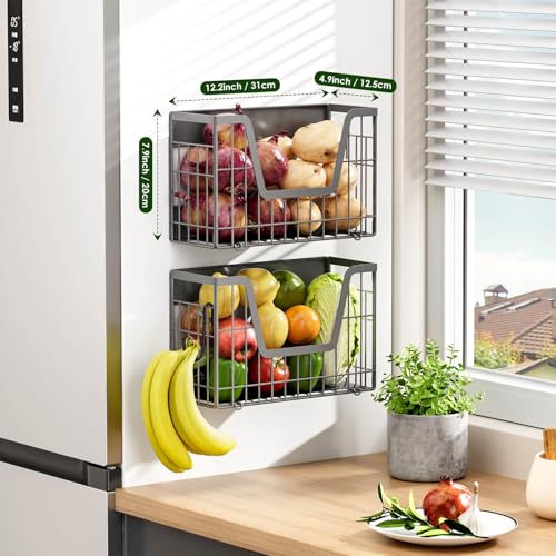 Image of Grey Magnetic Shelf for Fridge, 2-Pack Potato and Onion Storage Bin | Magnetic Fruit Basket for Fridge, Magnetic Shelves Kitchen Pantry Organizers & Storage, Magnetic Spice Rack for Refrigerator