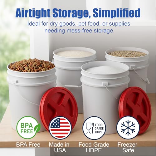 Image of ePackageSupply 5 Gallon Bucket - Food Grade w /Lid BPA-Free, White /Red, 3 | Airtight Gamma Seal Screw-On Lid, Heavy-Duty 90 Mil HDPE Plastic, Food Safe and Durable Container, Bulk Storage, Made in USA
