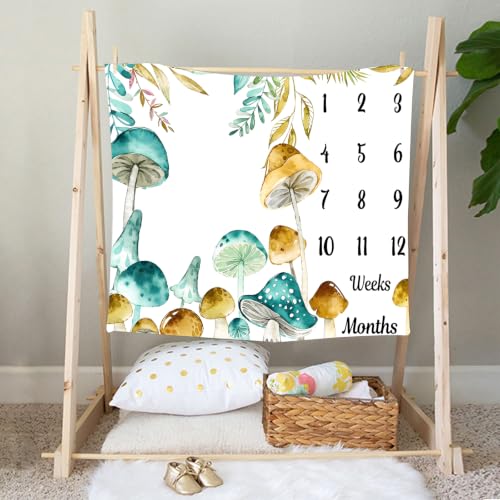 Image of Mushroom Theme Baby Monthly Milestone Blanket, Soft Flannel Watercolor Spring Tropical Eucalyptus Leaves Botanical Photography Prop Newborn Baby Shower Age Growth Tracker (Teal Mustard, 48x40in)