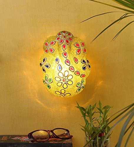 Image of Ganesha Wall Mounted Lamp - Golden & Green, Metal & Glass | Perfect for Home, Living Room, Bedroom, Hotel, Office Decoration | Ideal for Pooja Room & Mandir | Ganpati Decorative Light Lamp