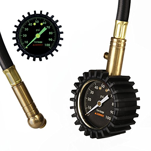 Summit Tools Tire Pressure Gauge with Glow Dial, 0 to 100 PSI, Hold Valve, 10 in. Flexible Hose, Pressure Bleeding Button, Rubber Head Cover. Automobile Accessory