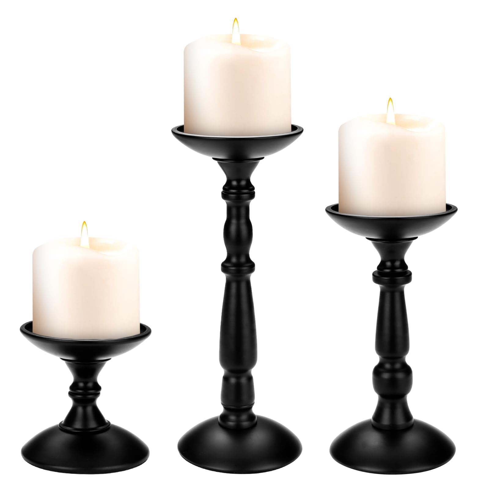 Set of 3 Black Pillar Candle Holders, Tall Matte Metal Candle Stands with Sponge Pads, Rustic Farmhouse Decor for Table Centerpiece, Fireplace, Home Use, 3.9