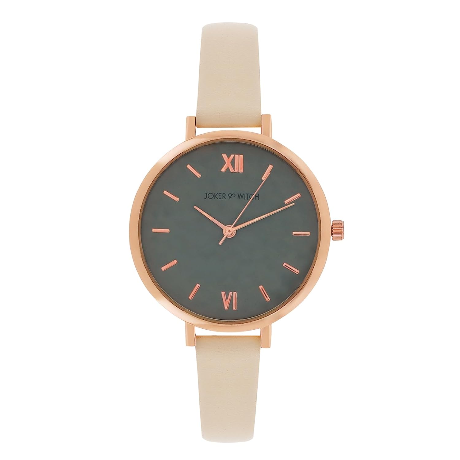Joker & Witch Agnes 38mm Grey Dial 12mm Beige Faux Leather Strap Watch for Women