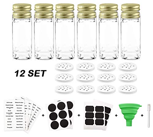 Nellam French Square Glass Spice Jars â€“ Set of 12 with Shaker Lids and Chalkboard Sticker Labels, Small 4oz Bottles - Stackable Herbs and Spices Containers - Decorative Organizers in Gold