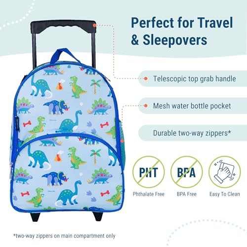 Image of Wildkin Kids 16 Inch Rolling Luggage for Boys & Girls - Lightweight Carry-On Suitcase with Telescoping Handle & Rolling Wheels for School, Travel & Overnight Trips (Dinosaur Land)