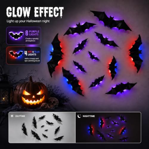 Halloween Bats Wall Decor- 12 Pack 3D Glowing Bat Stickers, Horror Decor with Flickering Bats Stickers for Window, Bedroom, Fireplace Mantel, Haunted House Prop, Removable & Damage-Free Wall Clings - image 3