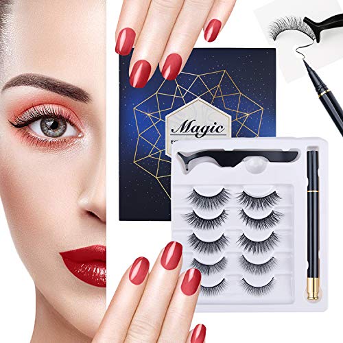 Magnetic Eyeliner and Eyelashes Kit Self Adhesive Eyeliner Pen - 3D Natural Look Eyelash Without Magnet - Reusable Eye Lash with Waterproof Liner, Black, Applicator(5 Sets Lashes + 1 Pen Liners)