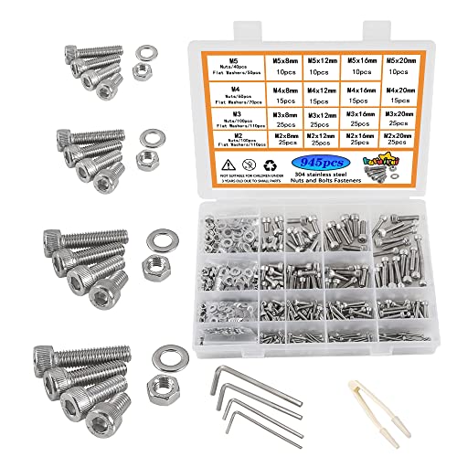 huruirui M2 M3 M4 M5 Schrauben und Muttern Set Unterlegscheiben Sortierter Satz 304 Edelstahl 945pcs Zylinderkopfschrauben Gewinde Maschine Schrauben Hex Bolzen Reparatur Werkzeuge