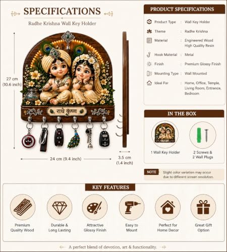 Image of CAPIO Art Radha Krishna Key Holder for Wall with 6 Hooks | Decorative Wooden Wall Mounted Key Hanger | Premium Resin Key Organizer for Home Entrance, Living Room, Office & Temple | 27 x 24 cm