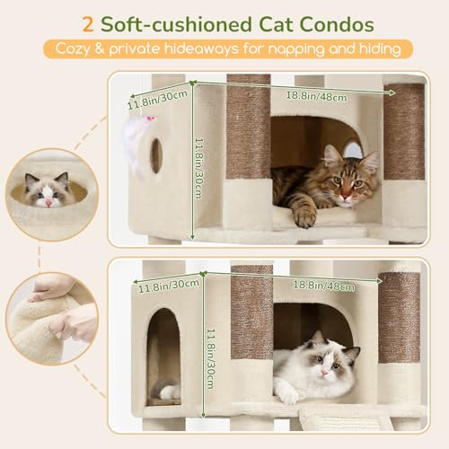 Image of Globlazer Extra Large Heavy Duty Cat Tree, 80in Tall Sturdy Cat Tree Tower for Multiple Indoor Cats Large Adult with Scratching Posts, 2 Spacious Condos with Padding, 2 Soft Perches, S80C, Beige