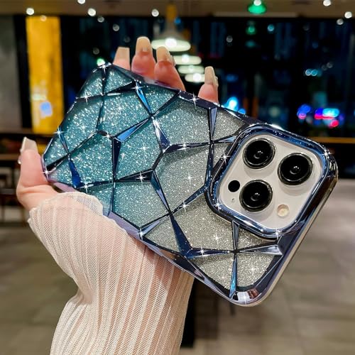 Image of VONZEE Compatible with iPhone 15 Pro Gradient Glitter Case, Luxury Electroplated Geometric 3D Cube, Diamond Bling Shiny Soft TPU Clear Shockproof Case Women Girls Protective Phone Cover (Blue)
