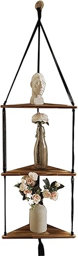 Miniatura 6 de YardGo Estantes colgantes para pared, estante flotante de madera de 3 niveles de macramé, estantes de baño hechos a mano, estantes de almacenamiento