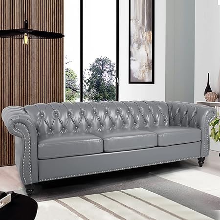 Image of WOODEN WORLD Modern & Classic Leather Sofa Set - Luxurious Comfort, Stylish Design, and Durable Build (Grey, 3 Seater)