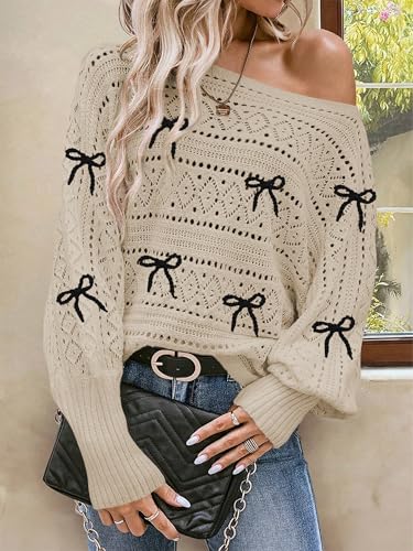 Image of Cakulo Womens Off Shoulder Sweater Top Fall Outfits Fashion 2025 Oversized Knit Batwing Long Sleeve Crochet Pullover Sweaters