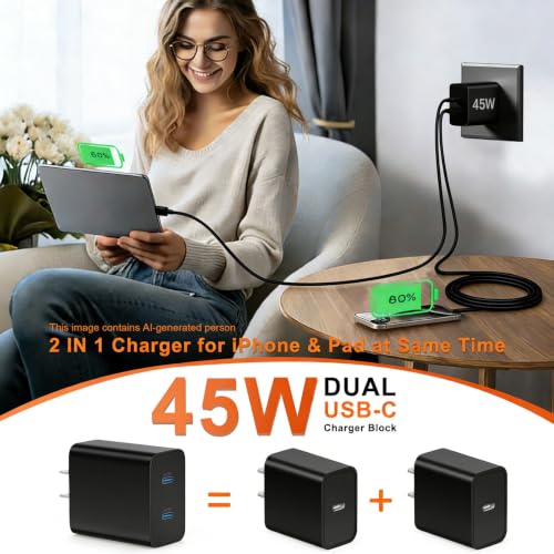 45W Dual Type C Charger Fast Charging for Samsung,PD 3.0 GaN Super Fast Android Phone Charger Block with Long USB C Cable 10FT/6FT for Galaxy S25/S25 Ultra/S25+/S24+/S23/S22/for iPhone 17/16/15 Series - image 4
