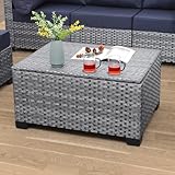 WAROOM Outdoor PE Wicker Coffee Table - Resin Rattan Patio Table Garden Furniture Backyard Storage Table with Waterproof Lining Bag, Grey
