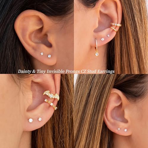 Small Gold Stud Earrings Set for Women Men, Hypoallergenic Cubic Zirconia Mini Stud Earrings for Women, 14K Gold Plated Tiny Cartilage Earrings Set for Multiple Piercing 5 Earrings Pack4