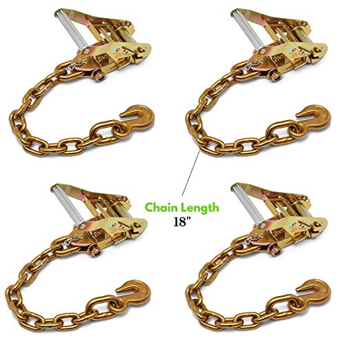 Rytash 96" Green Lasso Tie Down Straps, 4 Pack, Chain Anchor Ratchets, 3300 LB Working Load Limit, 10000 LB Break Strength - Wheel Straps for Hauling Cars, Tire Straps for a Car Trailer