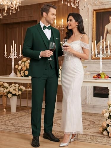 Image of WEEN CHARM Men's 3-Piece Slim Fit Suit Set-2-Button Blazer,Vest & Pants-Formal Wedding,Prom,Party & Business Tuxedo