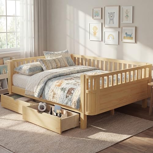 KEIKI Twin Size Wood Floor Bed, Montessori Platform Daybed Frame with Storage & Safety Rails, Space Saving U-Shaped Corner Day Beds Twin for Boys Girls, No Box Spring Needed, Easy Assembly, Brown