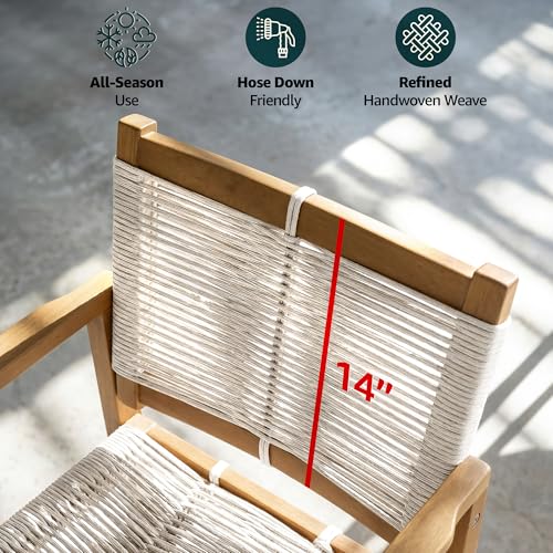 Image of Heritage Woven Rope Eucalyptus Wood Armchair, Set of 2 Oversized Wide Backrest for Enhanced Comfort - Handcrafted Outdoor Patio Dining Chairs, Solid Eucalyptus Boho Seating for Deck, Porch & Backyard