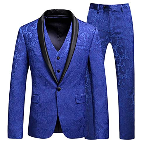 Mens Paisley Floral Royal Blue Blazer Vest Pants Premium Prom Groom 3 Pieces Slim Fit Tuxedo Wedding Suits