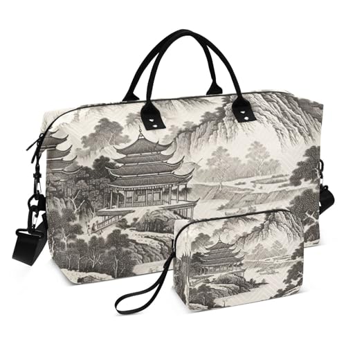 Large Travel Duffel Bag, Chinese Landscape Paint Sports Tote Gym Bag, Shoulder Weekender Overnight Bag for Women Men, Carry On Luggage with Toiletry Bags