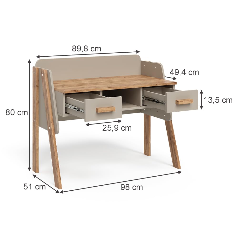 VitaliSpa Bureau Malia, Cachemire/Artisan, 97x51cm avec 2 tiroirs, Hauteur réglable pour Une Configuration Flexible de l’Espace de Travail
